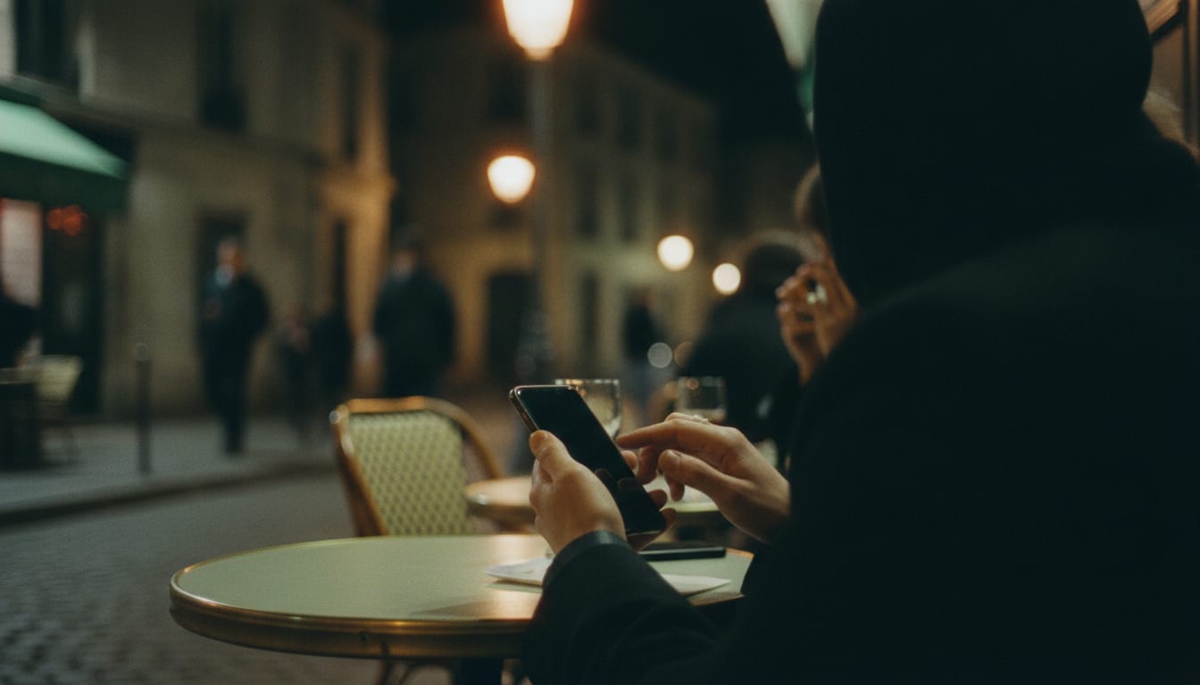 Mains tapant sur un téléphone la nuit, écran vide, lumière chaude derrière