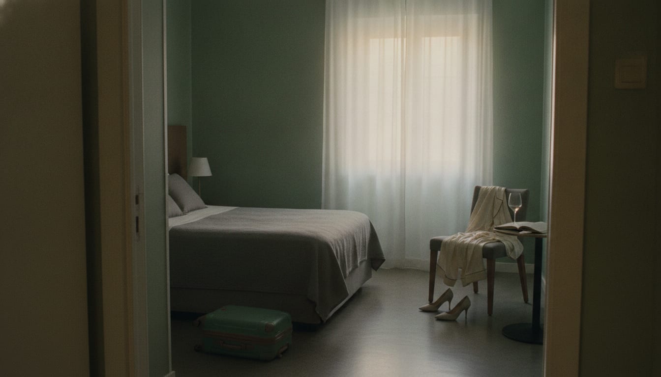 Chambre d’hôtel rangée, lit fait, petite valise fermée posée au sol