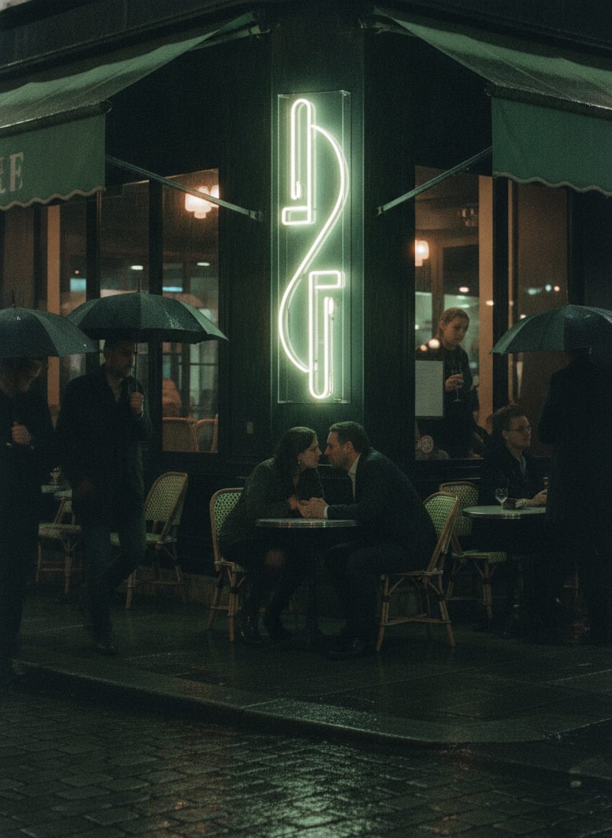 Enseigne lumineuse verticale d’un bar sous la pluie la nuit, formes abstraites