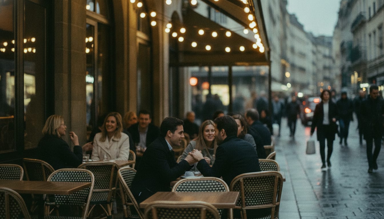 Terrasse de café le soir avec des guirlandes lumineuses et des passants flous